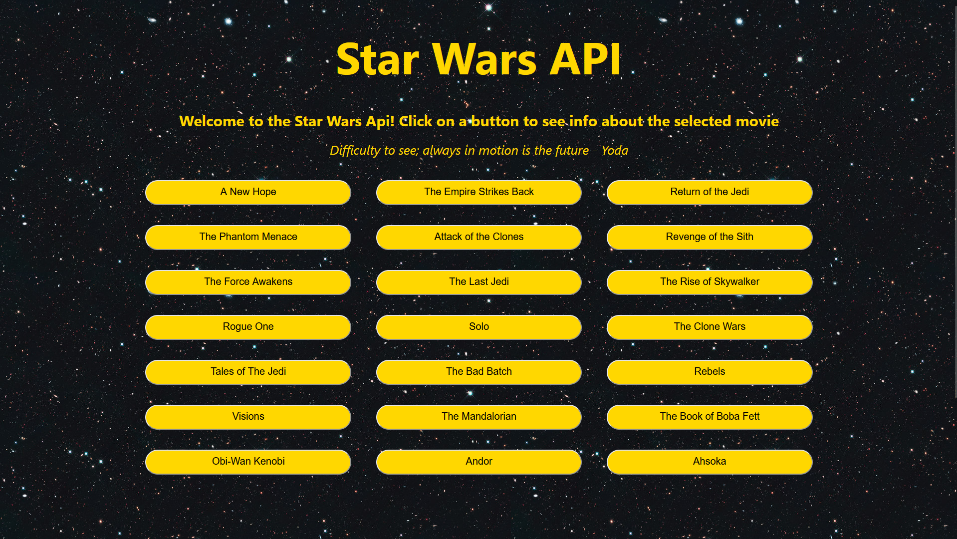 Landing page for Star Wars Api