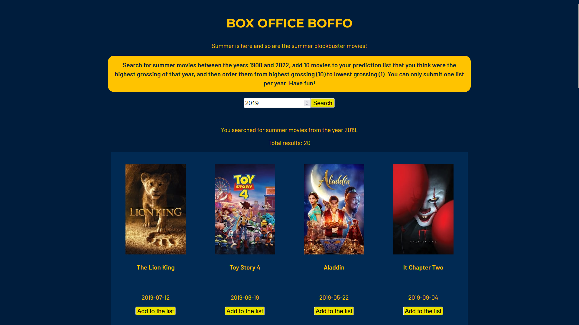 Landing page for Box Office Boffo