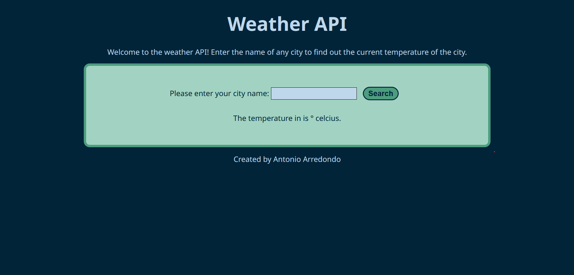 Landing page for Weather Api